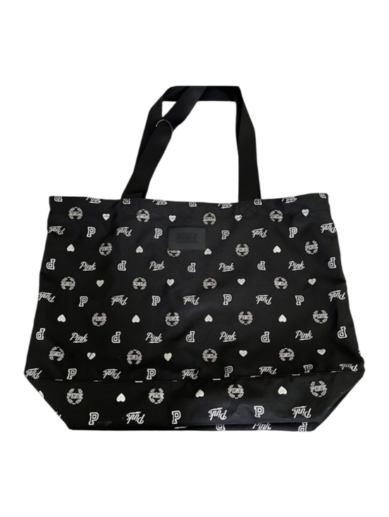 PINK Victoria's Secret Handbags - PINK Victoria's Secret Zip Closure Black and White Logo Print Tote EUC